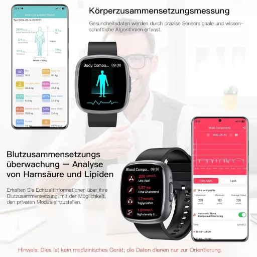 Ceas inteligent Lgnitek 1.75" HD, ECG+HRV, monitorizare tensiune arterială, puls, SpO2, temperatură, pentru bărbați și femei