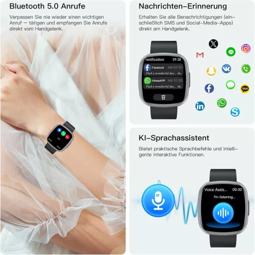 Ceas inteligent Lgnitek 1.75" HD, ECG+HRV, monitorizare tensiune arterială, puls, SpO2, temperatură, pentru bărbați și femei