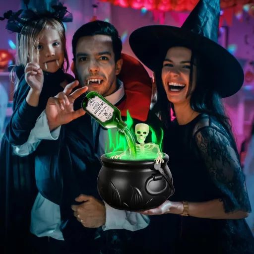 LUKIUP Halloweensky čarodejnícky kotlík s výrobníkom hmly a dekoráciou lebky, vonkajšia záhradná dekorácia