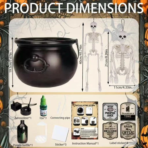 LUKIUP Halloween Boszorkány Üst Ködgéppel, Koponya Dekorációval, Kültéri Kerti Dekoráció