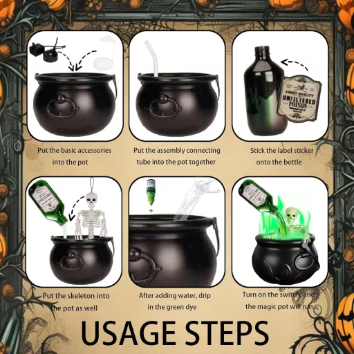 LUKIUP Cazan de Vrăjitoare de Halloween cu Mașină de Ceață, Decor cu Craniu, Decor de Grădină Exterior