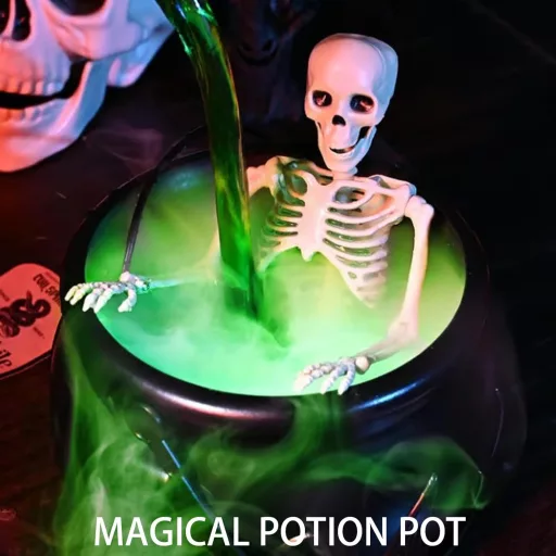 LUKIUP Cazan de Vrăjitoare de Halloween cu Mașină de Ceață, Decor cu Craniu, Decor de Grădină Exterior