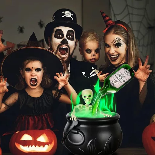 LUKIUP Cazan de Vrăjitoare de Halloween cu Mașină de Ceață, Decor cu Craniu, Decor de Grădină Exterior