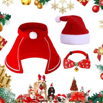   Božićni kostim za pse i mačke Cerioll, 3 komada - set šešir, kravata i ogrtač