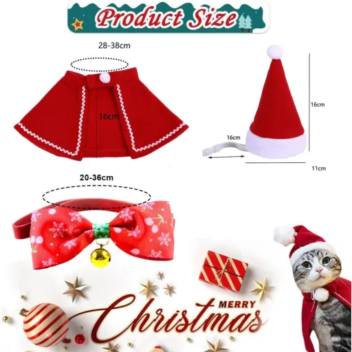 Cerioll 3-dielny vianočný kostým pre psov a mačky – súprava čiapka, motýlik a plášť