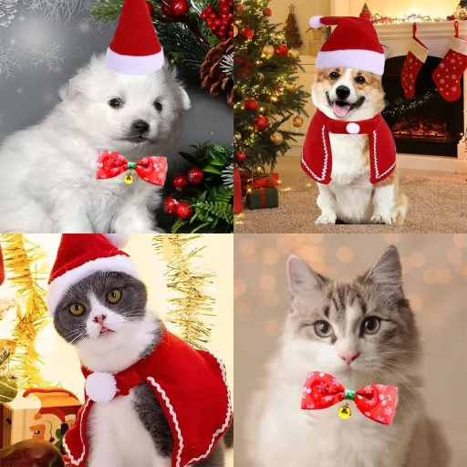 Cerioll 3-dielny vianočný kostým pre psov a mačky – súprava čiapka, motýlik a plášť