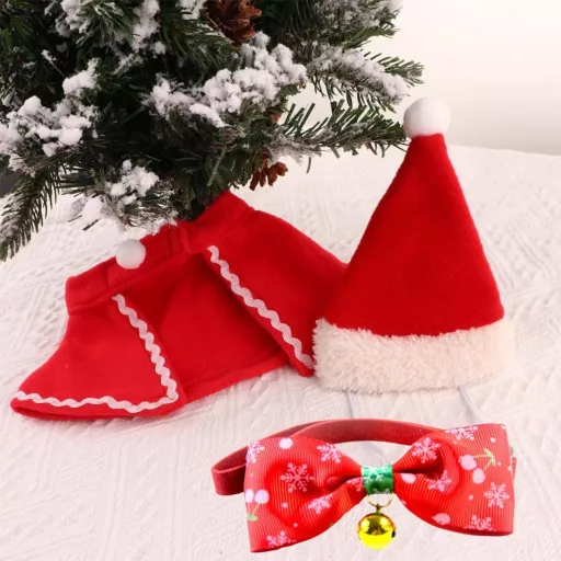 Cerioll 3-dielny vianočný kostým pre psov a mačky – súprava čiapka, motýlik a plášť