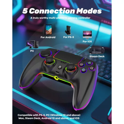 MYSTILUCK Gamepad Wireless PS5/PC/MAC/iOS/Android/Steam Deck, LED RGB, Stick-uri Hall Effect