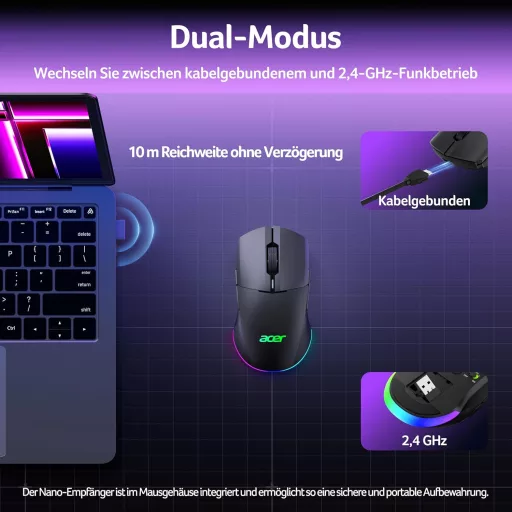 Acer Gaming Egér Dual Mode 24K DPI Wireless RGB Programozható Bal és Jobbkezes