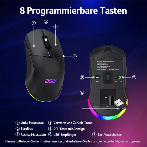 Acer Gaming Egér Dual Mode 24K DPI Wireless RGB Programozható Bal és Jobbkezes