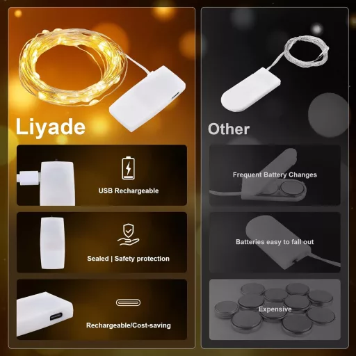Liyade 2m 20 LED teplá biela svetelná reťaz s USB nabíjaním, vodoodolná dekorácia 6 ks