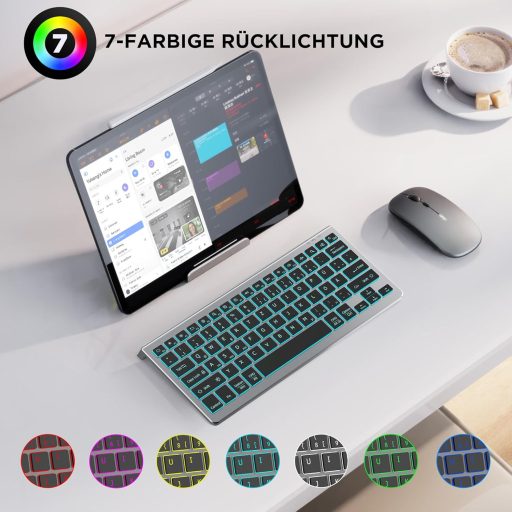 CACOE Bluetooth Billentyűzet iPad/Tablet/PC-hez, 7 Szín Háttérvilágítás, 3 Csatorna