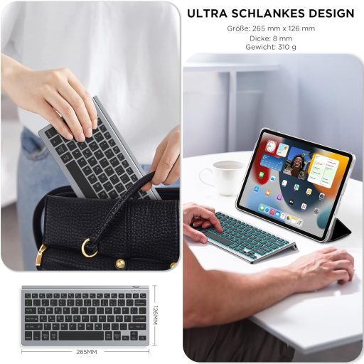 CACOE Bluetooth Billentyűzet iPad/Tablet/PC-hez, 7 Szín Háttérvilágítás, 3 Csatorna