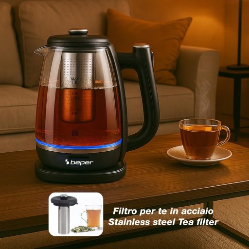 BEPER 1,8L Üveg Vízforraló 2200W Forgatható Talppal és Automatikus Lekapcsolással