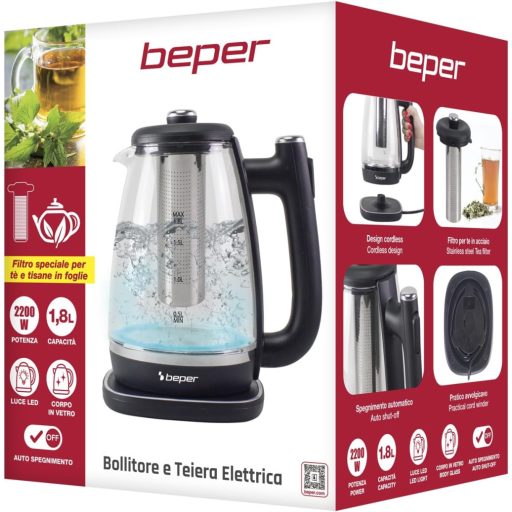 BEPER 1,8L Üveg Vízforraló 2200W Forgatható Talppal és Automatikus Lekapcsolással