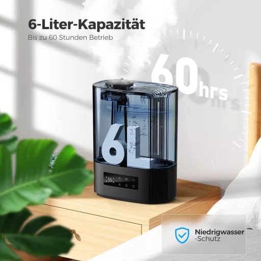 AROEVE 6L ultrahangos párásító aroma diffúzor, csendes szobai humidifier 60 órás üzemidővel
