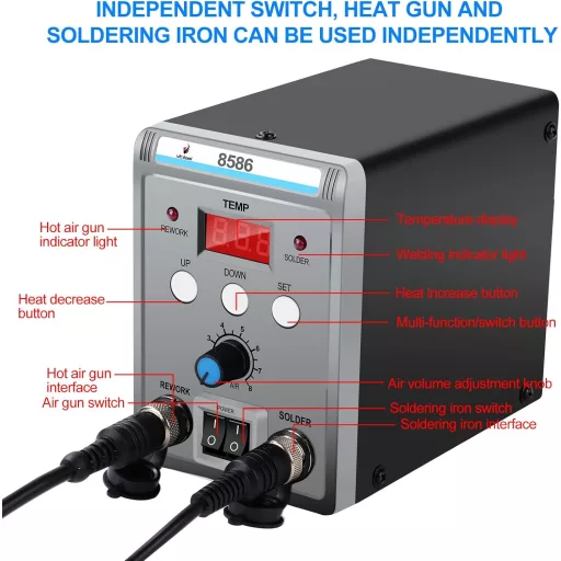 Victool 8586 2-in-1 forrasztóállomás forrólevegős forrasztópáka 200-480°C digitális kijelzővel