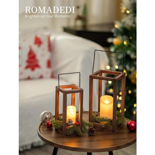 Sada 2 vianočných drevených lampášov Romadedi s 24/30 cm LED sviečkami a vencom