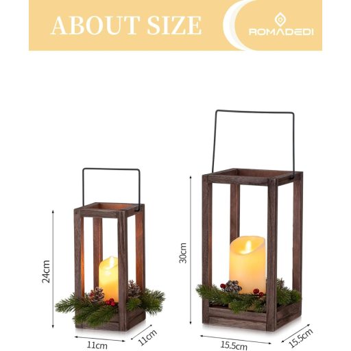 Sada 2 vianočných drevených lampášov Romadedi s 24/30 cm LED sviečkami a vencom