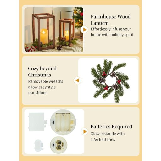 Sada 2 vianočných drevených lampášov Romadedi s 24/30 cm LED sviečkami a vencom