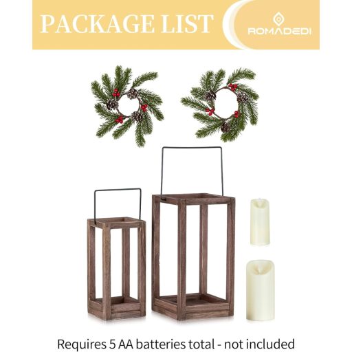 Sada 2 vianočných drevených lampášov Romadedi s 24/30 cm LED sviečkami a vencom
