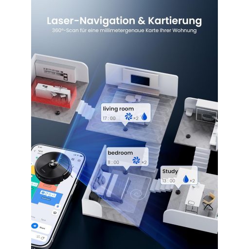 Proscenic Q10 robotporszívó lézeres navigációval, 8000Pa szívóerő, felmosó funkcióval, 200 perc üzemidő, okos térképezés