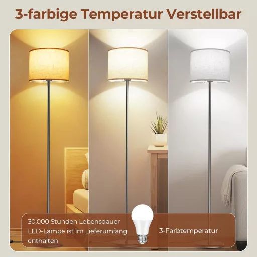 AmazeFun LED álló lámpa 156 cm bézs lenvászon árnyékolóval, 3 színhőmérséklet, E27 foglalat