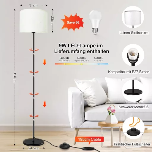 AmazeFun LED álló lámpa 156 cm bézs lenvászon árnyékolóval, 3 színhőmérséklet, E27 foglalat