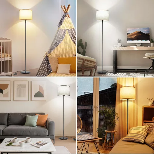 AmazeFun LED álló lámpa 156 cm bézs lenvászon árnyékolóval, 3 színhőmérséklet, E27 foglalat