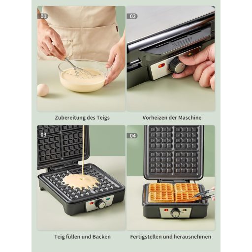 Yabano 1200W Gofrisütő 4 Belga Gofrihoz, Tapadásmentes Lemezzel és Hőfokszabályzóval