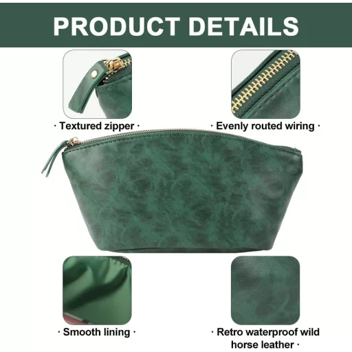 Pernă de machiaj Lvjkes impermeabilă din piele PU, geantă organizatoare de călătorie retro verde cu fermoar