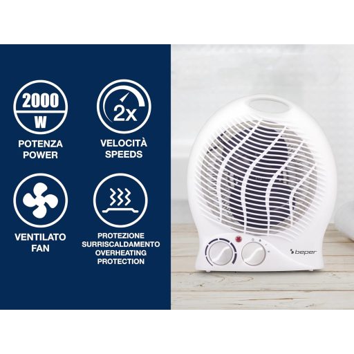 BEPER 2000W Kompakt Elektromos Fűtőventillátor Termosztáttal és Túlmelegedés Védelemmel