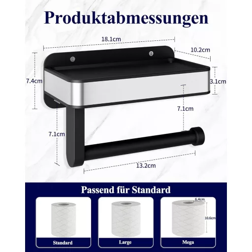 Kitsure Wc papír tartó polccal, fúrás nélkül, extra nagy tekercshez, fekete