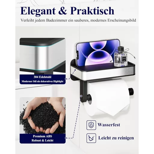 Kitsure Wc papír tartó polccal, fúrás nélkül, extra nagy tekercshez, fekete