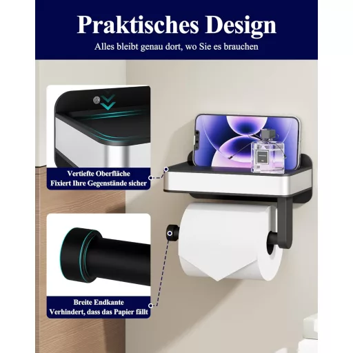 Kitsure Wc papír tartó polccal, fúrás nélkül, extra nagy tekercshez, fekete