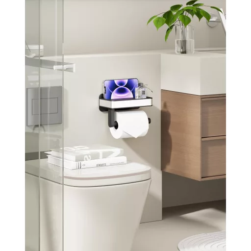 Kitsure Wc papír tartó polccal, fúrás nélkül, extra nagy tekercshez, fekete