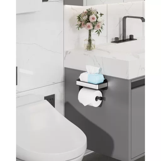 Kitsure Wc papír tartó polccal, fúrás nélkül, extra nagy tekercshez, fekete