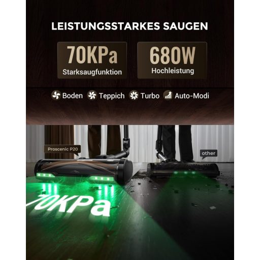 Proscenic P20 Vezeték Nélküli Porszívó Nedves Törléshez, 70 KPa, 680W, Állványos Töltővel