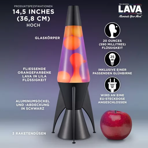 LAVA Evenfall Rocket lávalámpa sárga viasszal, lila folyadékkal, 37 cm