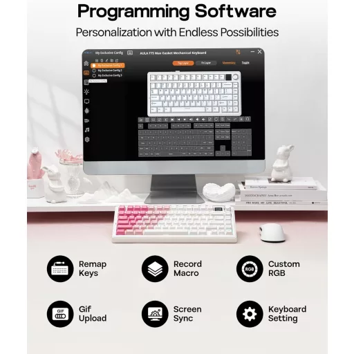 EPOMAKER X Aula F75 MAX Mechanikus Gaming Billentyűzet 75% TFT Kijelzővel Fehér-Rózsaszín