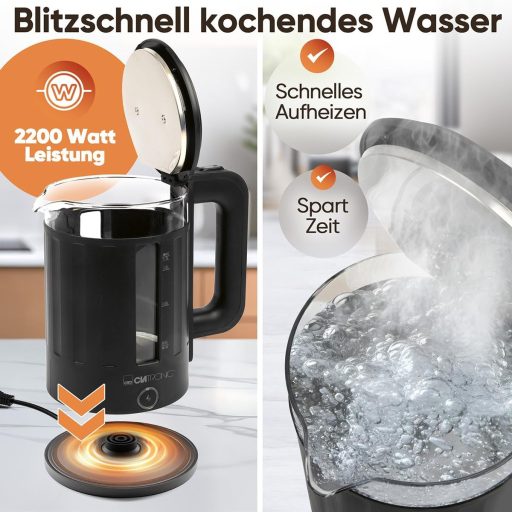 Clatronic WK 3837 üveg vízforraló 1,7 liter BPA mentes egykezes működés