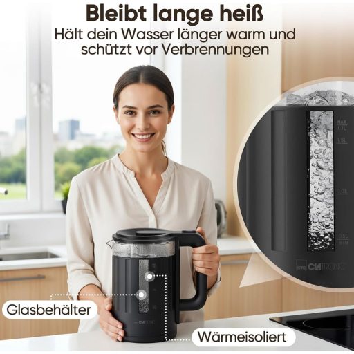Clatronic WK 3837 üveg vízforraló 1,7 liter BPA mentes egykezes működés