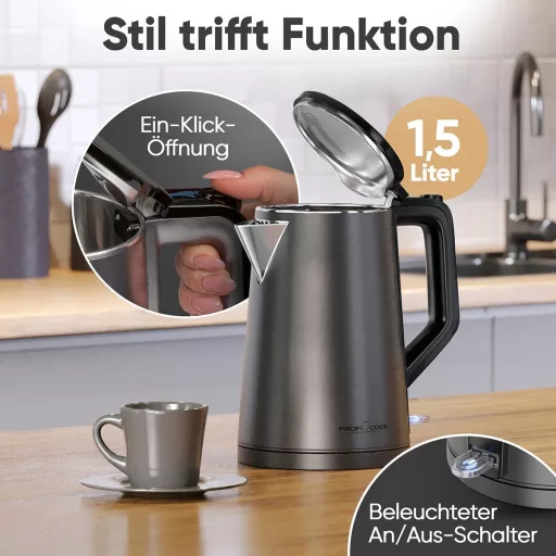 ProfiCook PC WK 1290 Elektromos Vízforraló 1,5L 2200W Rozsdamentes Acél Grafit