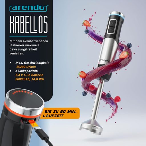 Arendo Akkumulátoros Kézi Mixer 200W Rozsdamentes Acél Turmixbot Habverő Készlet