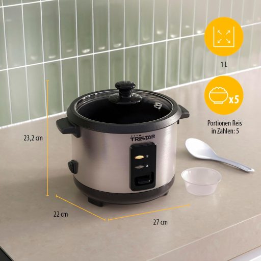 Tristar rizsfőző 1L rozsdamentes acél, tapadásmentes belsővel és melegen tartás funkcióval