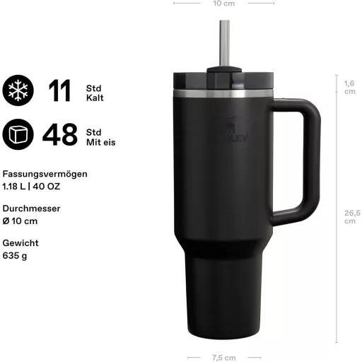 Termos Stanley Quencher H2.0, 1,2L, Negru - Menține băuturile reci 11 ore - 1180 ml, Black, Core
