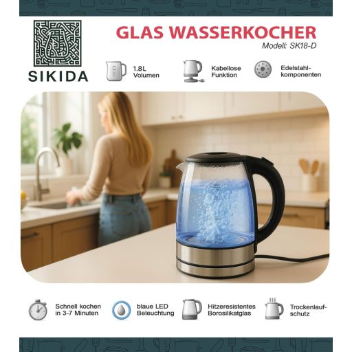 Sikida 1.8L üveg vízforraló LED világítással, 360° forgatható alap, BPA-mentes