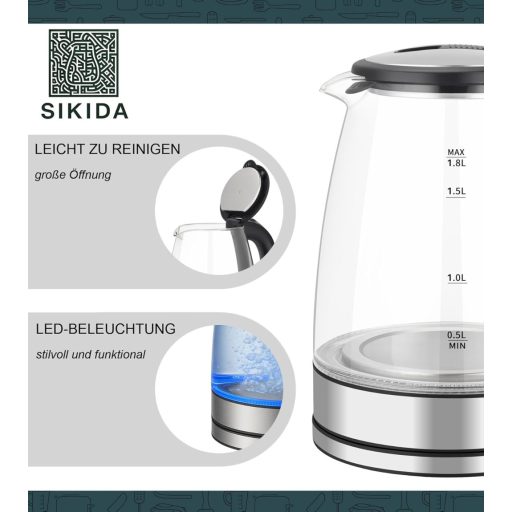 Sikida 1.8L üveg vízforraló LED világítással, 360° forgatható alap, BPA-mentes