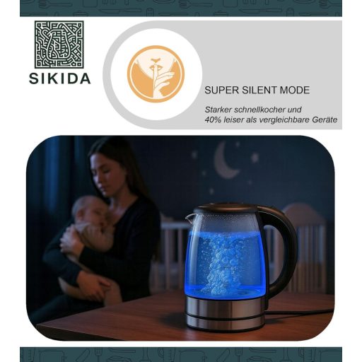 Sikida 1.8L üveg vízforraló LED világítással, 360° forgatható alap, BPA-mentes