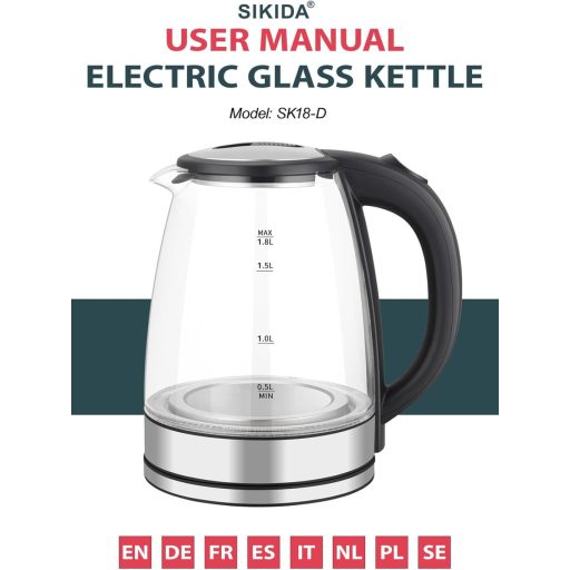 Sikida 1.8L üveg vízforraló LED világítással, 360° forgatható alap, BPA-mentes